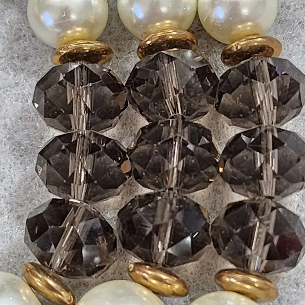 Crystal Necklace Clip-On Earrings Kenneth Jay Lane Three Strand Faux Pearl Brown
